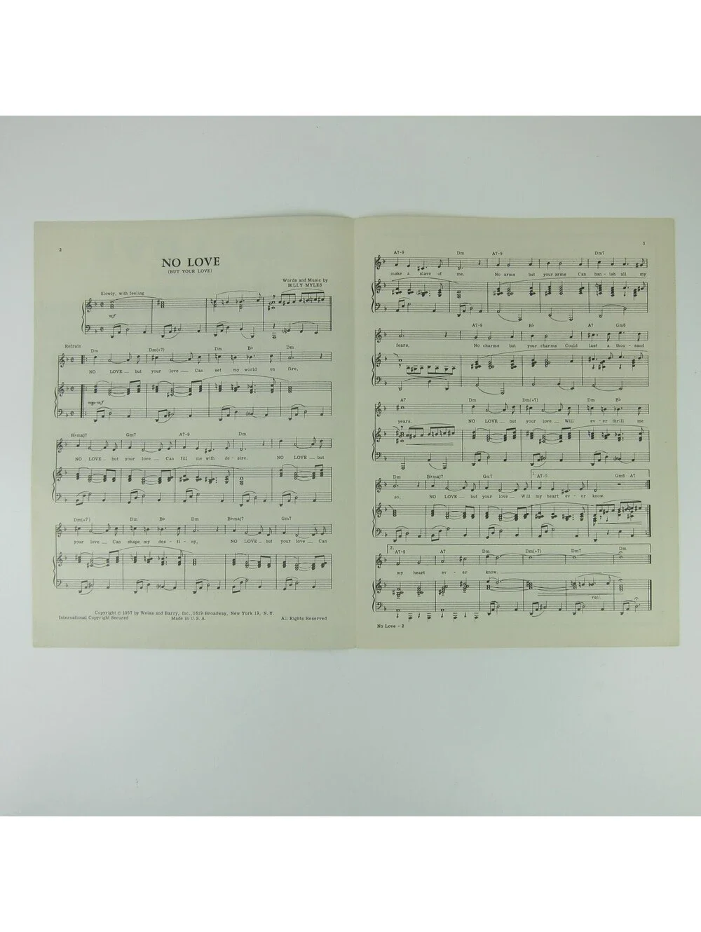 Sheet Music No Love But Your Love Billy Myles Johnny Mathis Vintage 1957